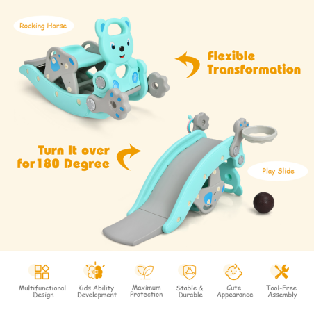 4-in-1 Rocking Horse & Slide Set Toddler Slide Playset w/Basketball Hoop Green