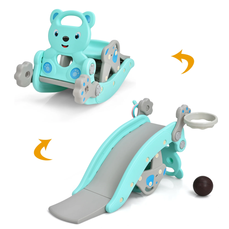 4-in-1 Rocking Horse & Slide Set Toddler Slide Playset w/Basketball Hoop Green