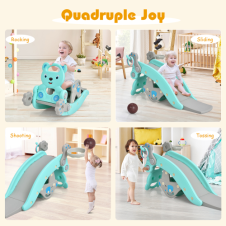 4-in-1 Rocking Horse & Slide Set Toddler Slide Playset w/Basketball Hoop Green