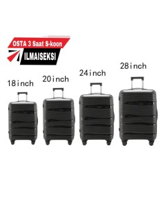 MATKALAUKKU SETTI 4in1 MUSTA (XXL, XL, L, M) 4 PYÖRÄT, TSA Lukko Kolmitasoinen, teleskooppikahva