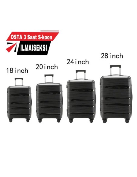 MATKALAUKKU SETTI 4in1 MUSTA (XXL, XL, L, M) 4 PYÖRÄT, TSA Lukko Kolmitasoinen, teleskooppikahva