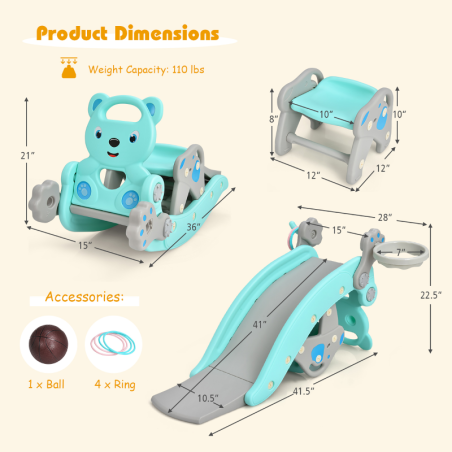 4-in-1 Rocking Horse & Slide Set Toddler Slide Playset w/Basketball Hoop Green