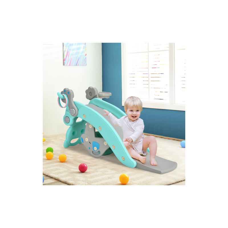 4-in-1 Rocking Horse & Slide Set Toddler Slide Playset w/Basketball Hoop Green