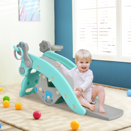 4-in-1 Rocking Horse & Slide Set Toddler Slide Playset w/Basketball Hoop Green