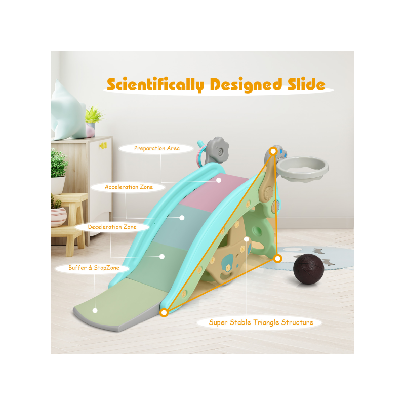 4-in-1 Rocking Horse & Slide Set Toddler Slide Playset w/Basketball Hoop Green