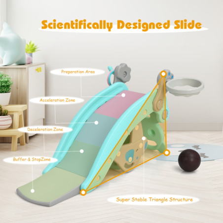 4-in-1 Rocking Horse & Slide Set Toddler Slide Playset w/Basketball Hoop Green