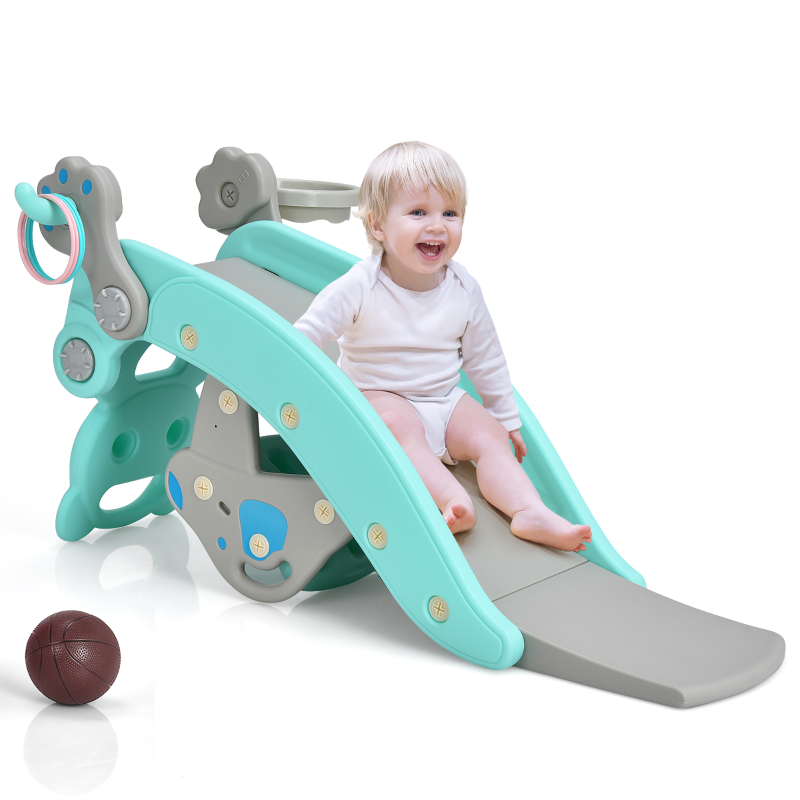 4-in-1 Rocking Horse & Slide Set Toddler Slide Playset w/Basketball Hoop Green